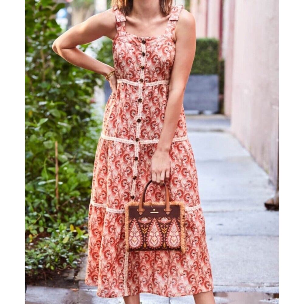 NWT Spartina 449 Linen Baylor Dress Large Pink House Boho Floral Tiered